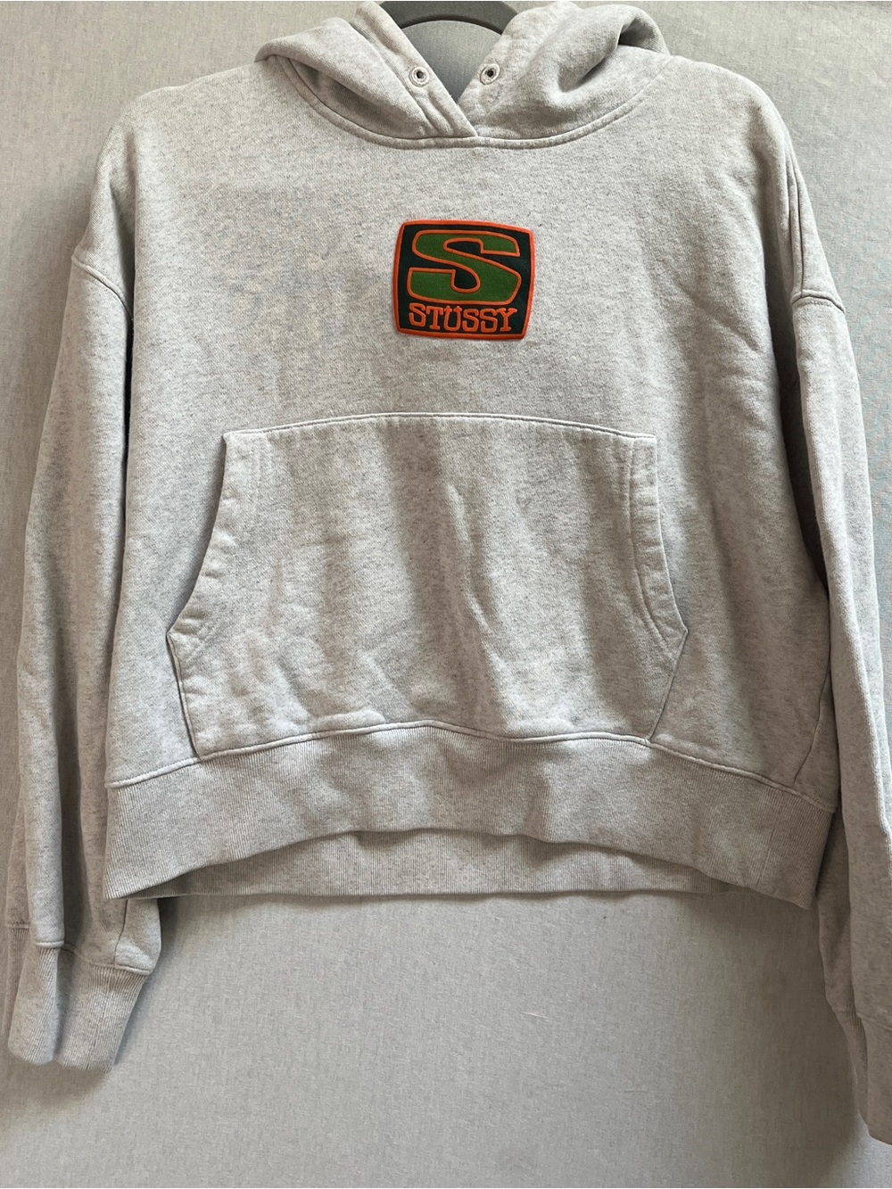 Stussy Womens Size XS Heather Gray Cotton Fleece Cropped Pullover Hoodie